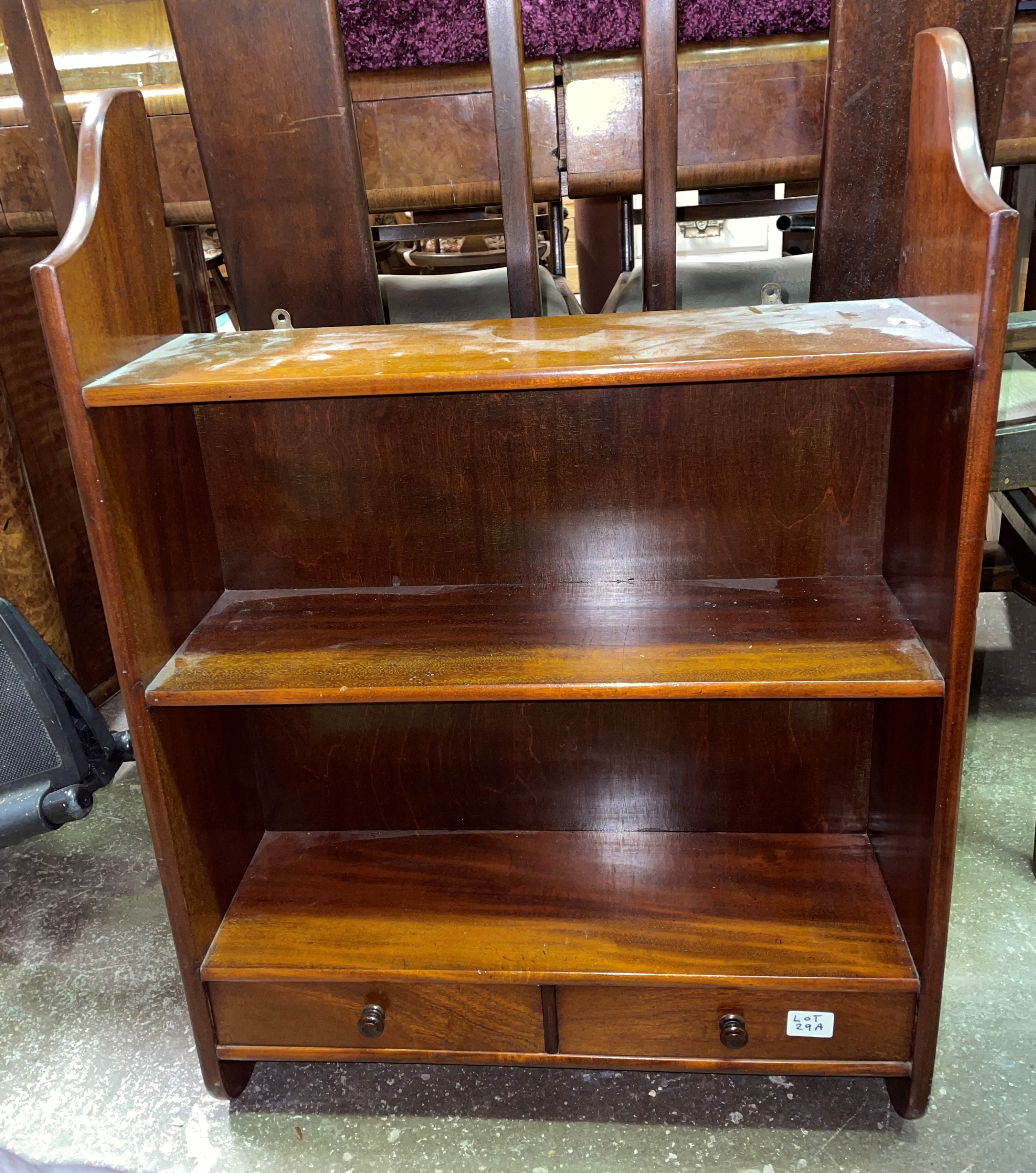 MAHOGANY HANGING SHELVES FITTED WITH TWO SHALLOW DRAWERS