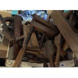 BOX OF VINTAGE WOODEN CARPENTRY PLANES AND VICES