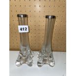 PAIR OF GLASS SPILL VASES WITH SILVER COLLARS