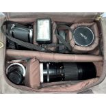 CANON AE1 35MM CAMERA IN NYLON CASE WITH FLASH AND VIVITAR AND TELEPHOTO LENSES
