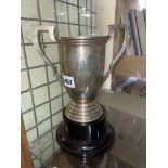 BIRMINGHAM SILVER TWIN HANDLED TROPHY ON SOCLE ENGRAVED WITH RAF DOMINO CLUB 12.