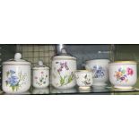 THREE GRADUATED SPODE STAFFORD FLOWER PATTERNED JARS AND COVERS AND A SET OF VESTER ALEGRE FLORAL