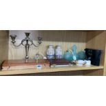 BLUE GLASS DRESSING TABLE SET, PLATED CUTLERY, BINOCULARS,