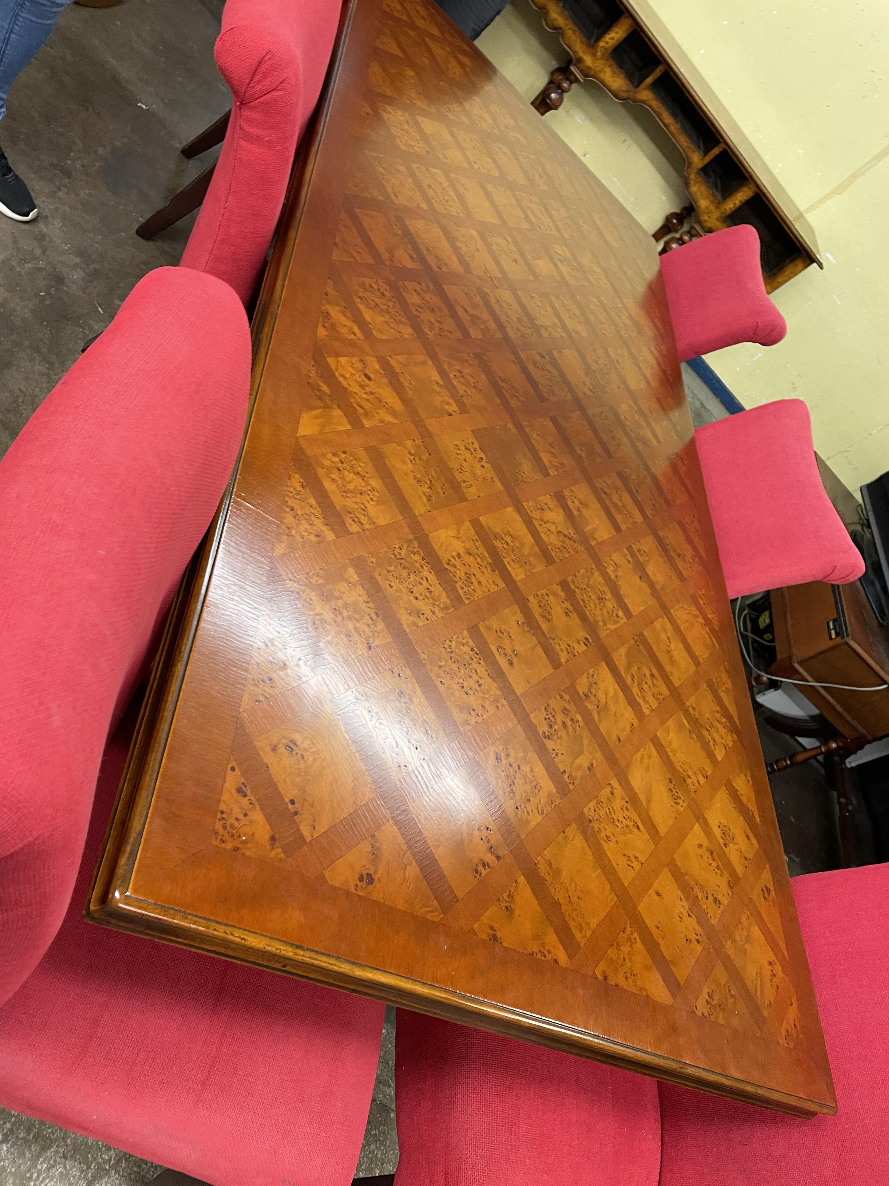 SPANISH INFLUENCE WALNUT AND PARQUETRY TOPPED OBLONG DINING TABLE WITH SCROLL METAL WORK STRETCHERS - Image 3 of 13