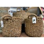 WICKER SEAGRASS LINED GRADUATED BASKETS AND A LOG BIN