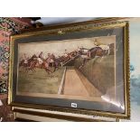 LITHOGRAPHIC PRINT OF THE STEEPLE CHASE BY CECIL ALDIN SIGNED IN PENCIL FRAMED AND GLAZED 65CM X