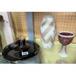 STUDIO POTTERY DISC FORM VASE IMPRESSED 'HJ' AND AN OVOID POTTERY GEOMETRIC POTTERY VASE AND A