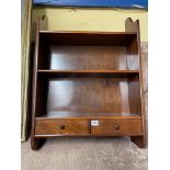 MAHOGANY HANGING SHELVES FITTED WITH TWO SHALLOW DRAWERS