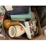 BOX OF MISCELLANEOUS CERAMICS INCLUDING RETRO COFFEE POT, GLASS CHESS SET,