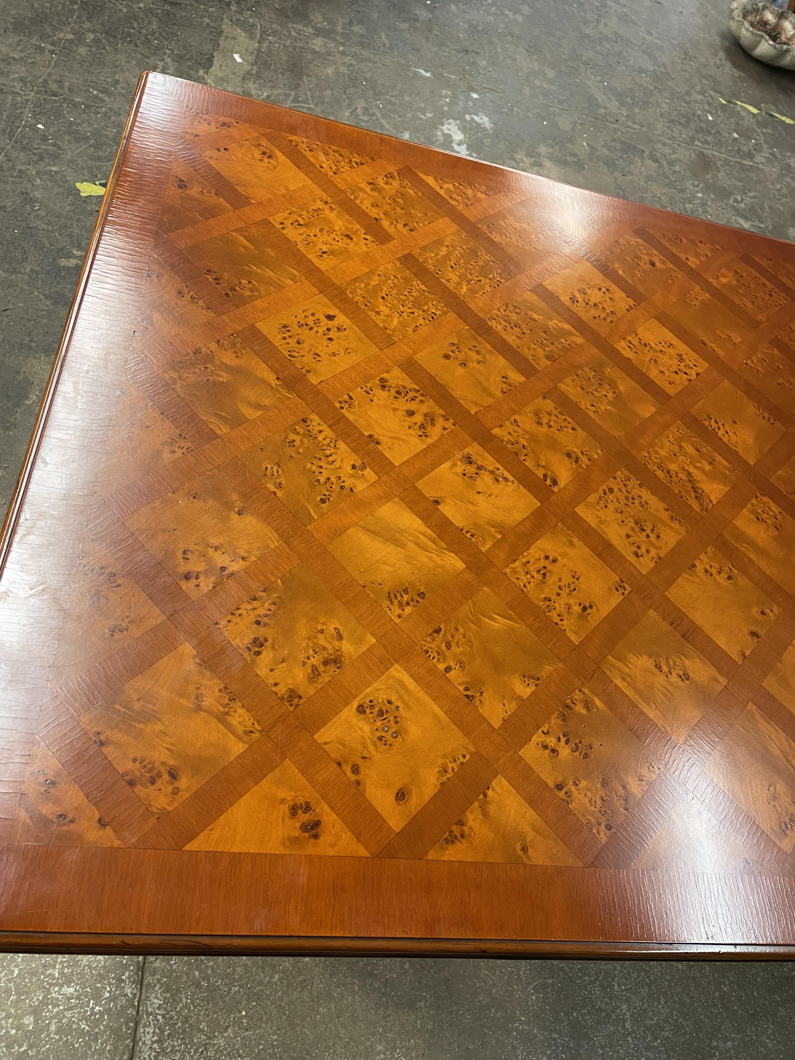 SPANISH INFLUENCE WALNUT AND PARQUETRY TOPPED OBLONG DINING TABLE WITH SCROLL METAL WORK STRETCHERS - Image 11 of 13