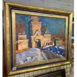 VASILII FILIPCHENKO 1933-1989 OIL ON CARD "MONASTERY" IN GOLD LEAF FRAME 58CM X 47CM APPROX