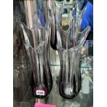 PAIR OF AMETHYST STUDIO GLASS FREE FORM SPILL VASES HEIGHT 31CM APPROX