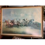 LITHOGRAPHIC PRINT ENTITLED THE HURDLE RACE BY MICHAEL LYNE SIGNED IN PENCIL WITH BLIND PROOF STAMP