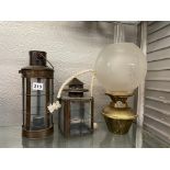 MILLER & SONS OIL LAMP AND TWO REPRODUCTION HANGING CANDLE LANTERNS