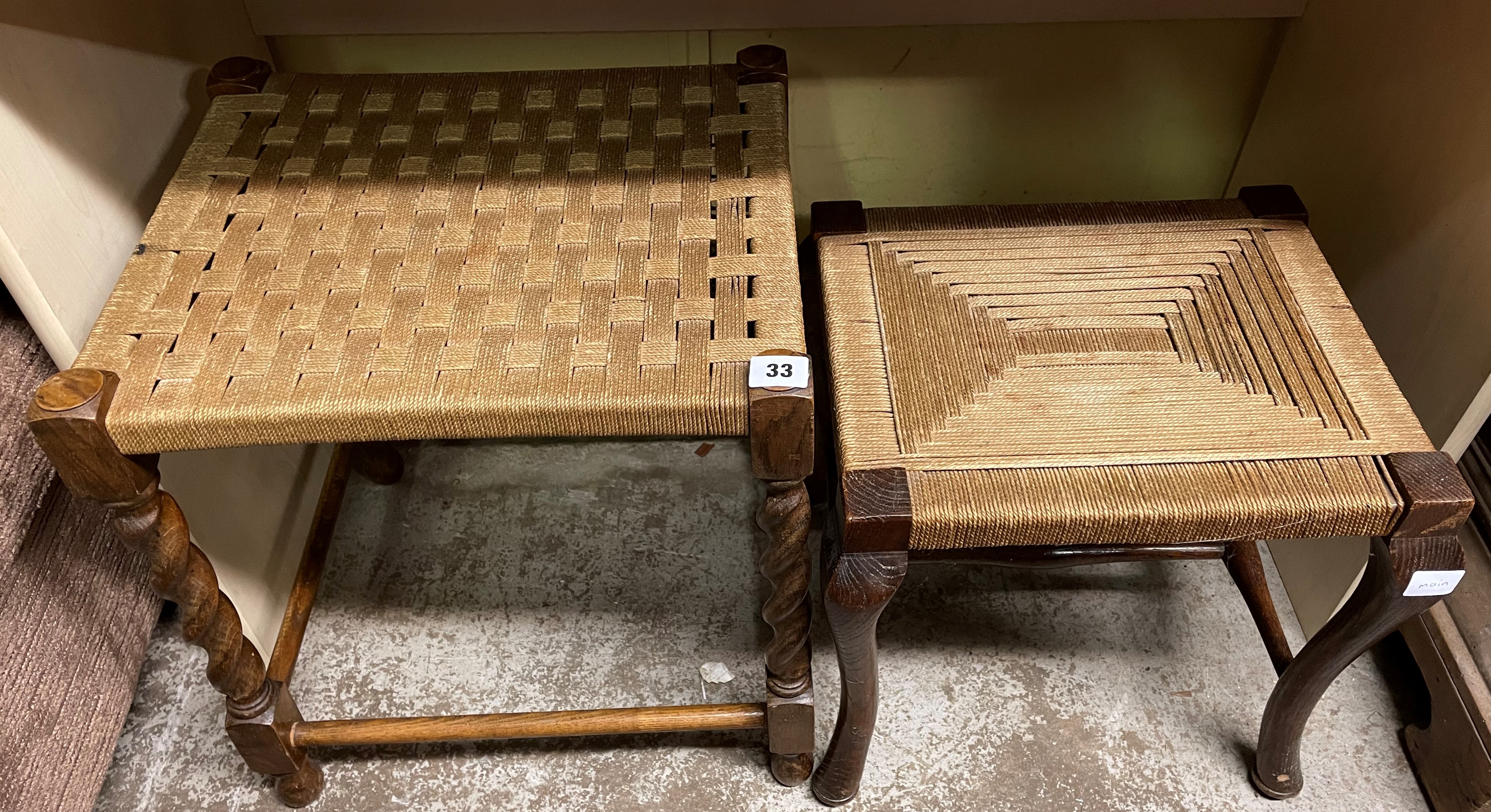 OAK BARLEY TWIST AND RAFFIA STRUNG STOOL AND ONE OTHER