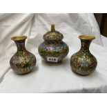 CLOISONNE ENAMEL VASE GARNITURE