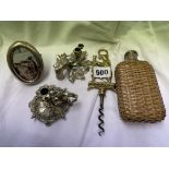 WICKER ENCASED SPIRIT BOTTLE, SILVER EASEL BACKED PHOTO FRAME, ACORN LEAF MINIATURE CHAMBERSTICK,