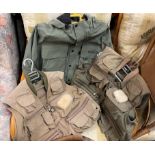 TWO ORVIS GAME FISHING UTILITY GILETS (LARGE AND MEDIUM) AND A VISION FLY FISHING WATERPROOF JACKET