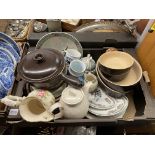 CARTON CONTAINING VARIOUS CERAMICS AND STONEWARE AND A POT STAND AND COFFEE MAKER