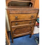 OAK TWO DOOR CHEST AND AN OPEN BOOKCASE