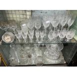 TWO SHELVES OF DOULTON AND OTHER CUT GLASSWARE, ROSE BOWL,
