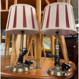 PAIR OF POLISHED STEEL TABLE LAMPS WITH SHADES