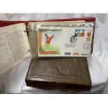 LEATHER EMBOSSED JEWELLERY BOX AND A BINDER OF RUPERT POSTAGE STAMPS