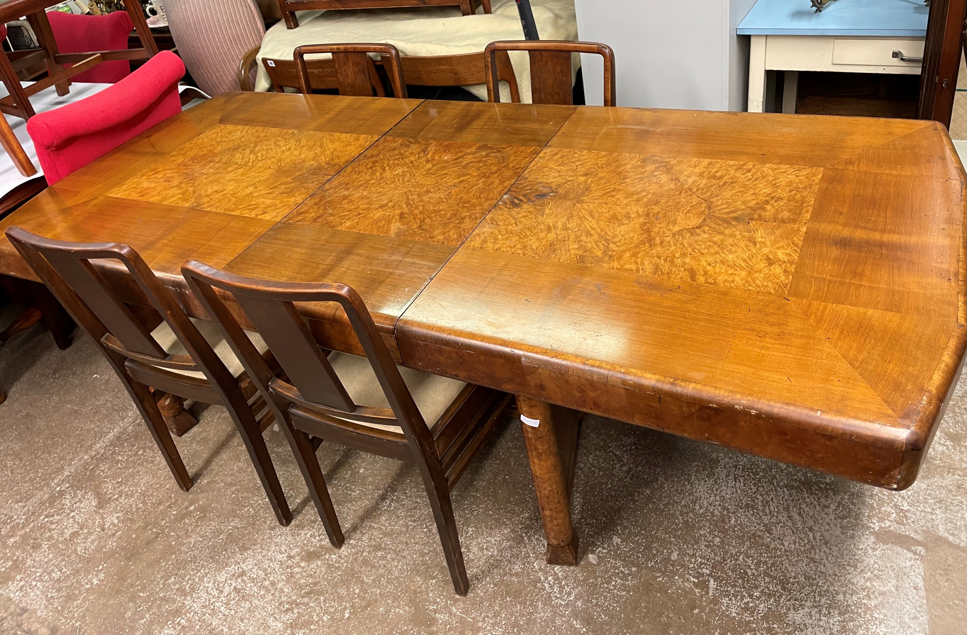 ART DECO GEOMETRIC WALNUT AND BURR WALNUT DINING ROOM SUITE IN THE MANOR OF HILLE INCLUDING