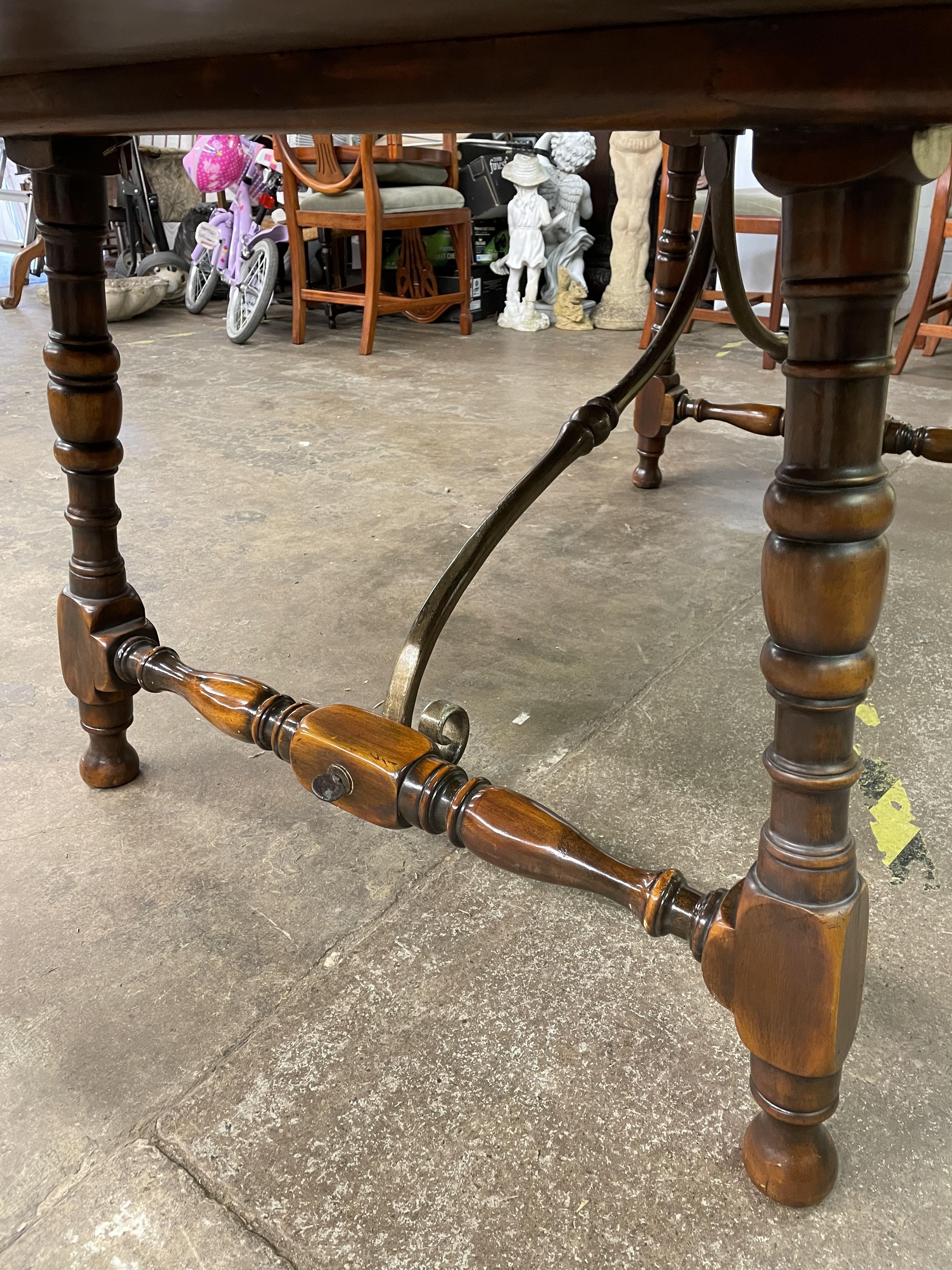 SPANISH INFLUENCE WALNUT AND PARQUETRY TOPPED OBLONG DINING TABLE WITH SCROLL METAL WORK STRETCHERS - Image 10 of 13