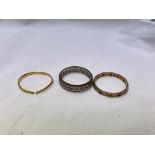 22CT GOLD THIN BAND A/F 1.1G AND TWO 9CT GOLD STONE SET ETERNITY BANDS 4.3G APPROX.