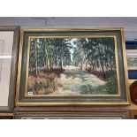 JOHN MARSHALL OIL ON BOARD OF A FOREST GLADE FRAMED 74CM X 49CM APPROX