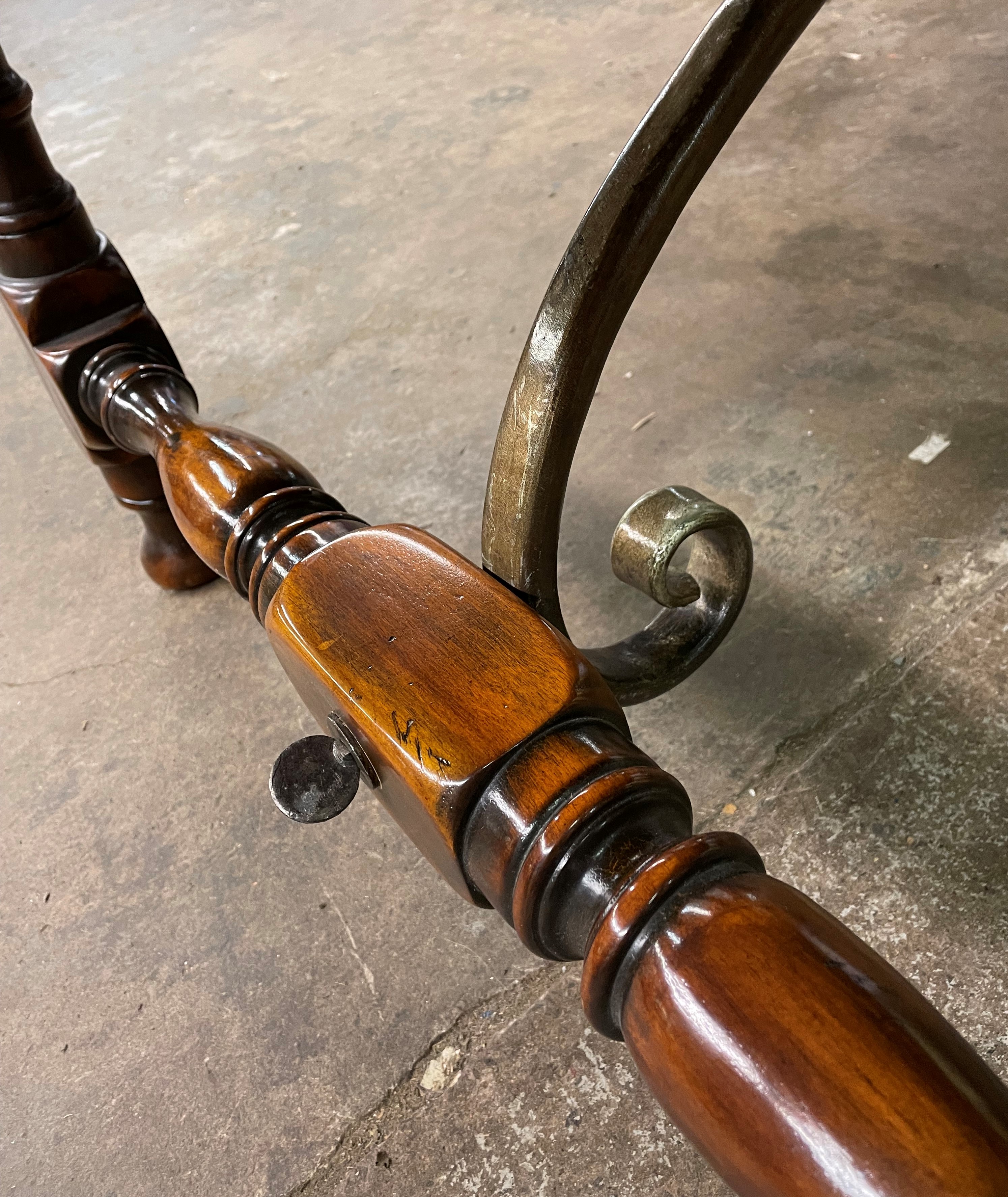 SPANISH INFLUENCE WALNUT AND PARQUETRY TOPPED OBLONG DINING TABLE WITH SCROLL METAL WORK STRETCHERS - Image 8 of 13