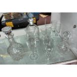 PAIR OF ETCHED AIR TWIST GOBLETS, HEAVY CUT GLASS MALLET DECANTERS INC.