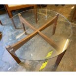 1960S/70S TEAK CROSS STRETCHER GLASS TOP CIRCULAR TABLE