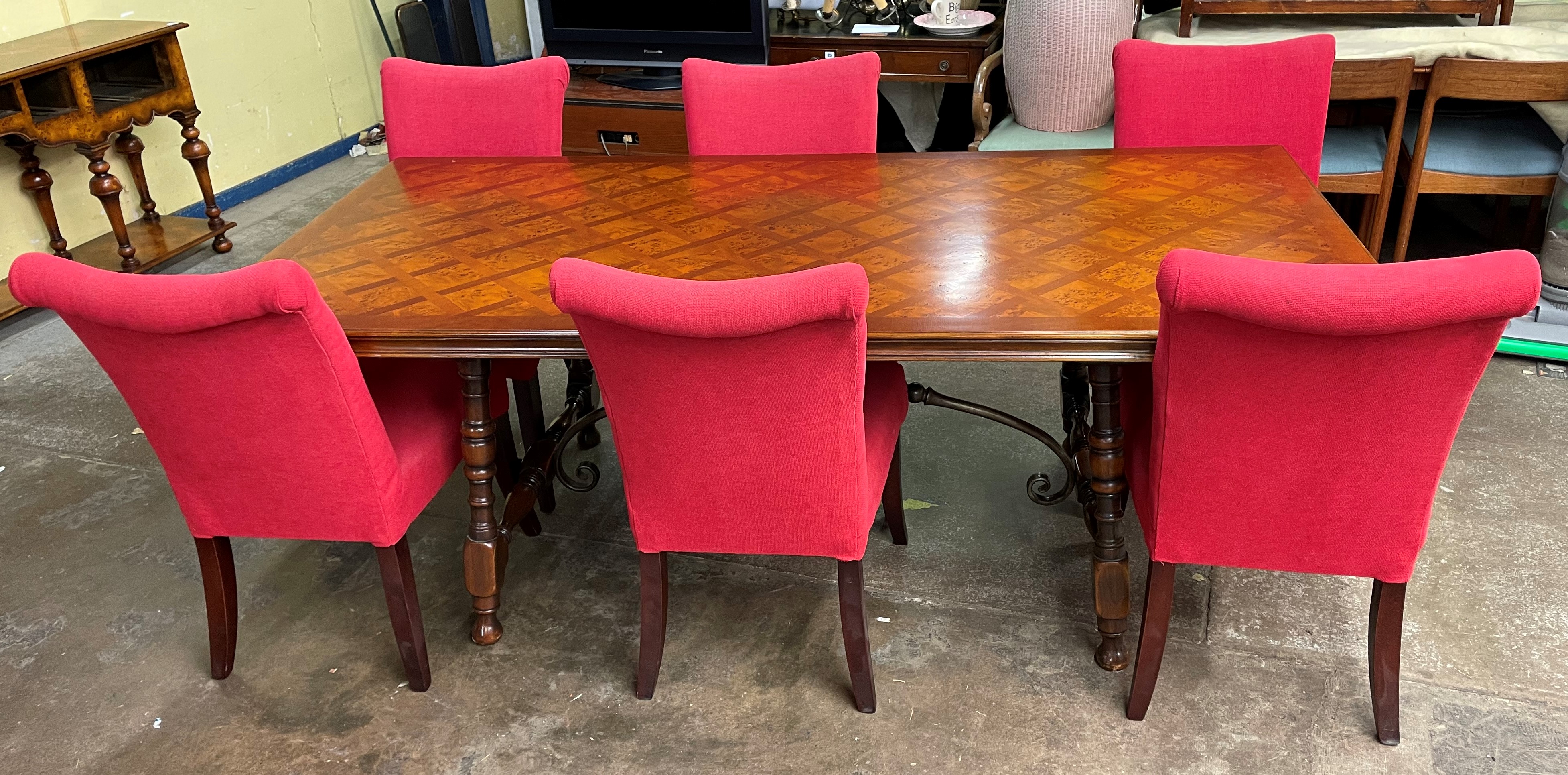 SPANISH INFLUENCE WALNUT AND PARQUETRY TOPPED OBLONG DINING TABLE WITH SCROLL METAL WORK STRETCHERS - Image 2 of 13