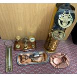 BRASS POSTAL SCALES, COPPER TRAY WITH STEEL CANDLE SNUFFERS,