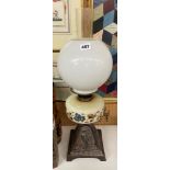 VICTORIAN OIL LAMP WITH PAINTED OPAQUE RESERVOIR 58CM HEIGHT APPROX