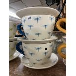 TWO OVERSIZED DRAGONFLY TEACUP AND SAUCER PLANTERS (AND ONE SPARE SAUCER)