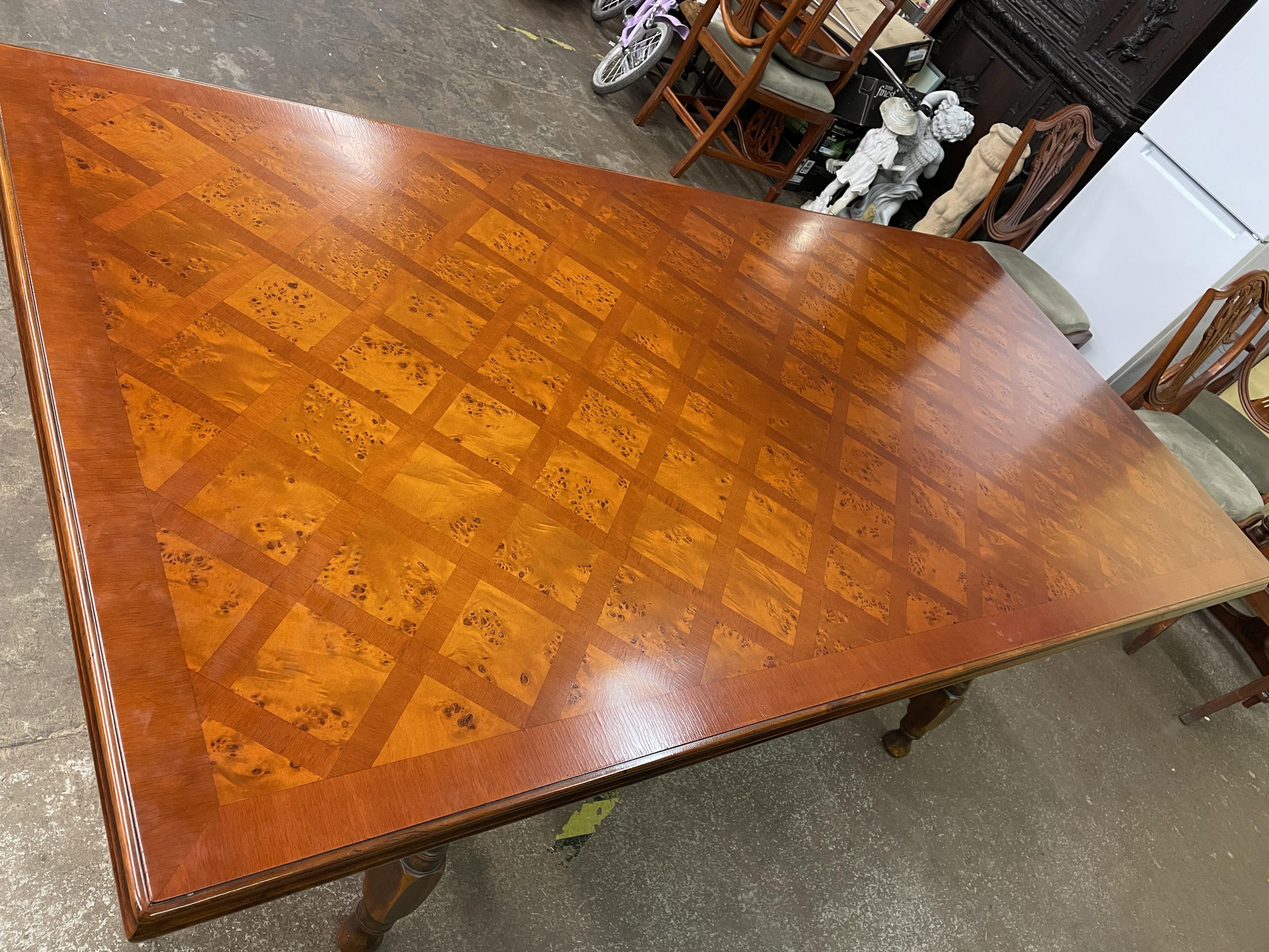 SPANISH INFLUENCE WALNUT AND PARQUETRY TOPPED OBLONG DINING TABLE WITH SCROLL METAL WORK STRETCHERS - Image 12 of 13