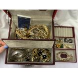 JEWELLERY BOX CONTAINING GOLD PLATED CLEOPATRA NECKLACE, SIMULATED PEARL STRANDS, CLIP ON EARRINGS,