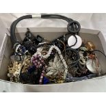 SHOE BOX OF COSTUME JEWELLERY, BEADS, BROOCHES, DRESS WATCHES,