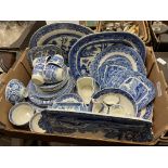 CARTON - BLUE AND WHITE TRANSFER PLATES AND CERAMICS INCLUDING 19TH CENTURY PICKLE DISH AND SPODE