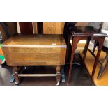 SMALL OAK DROP FLAP TROLLEY AND INLAID OCCASIONAL TABLE