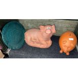 LARGE TERRACOTTA RECUMBENT PIG AND PIG MONEY BANK