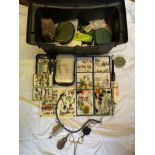 HEAVY DUTY TOOL BOX WITH FLY FISHING TACKLE, TAPER CLIPS, CASES OF FLIES, LURES, FORCEPS, PRIEST,