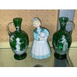 MARY GREGORY STYLE GREEN GLASS EWER VASES AND A ROYAL DOULTON "STAY AT HOME" FIGURE GROUP