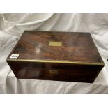 VICTORIAN ROSEWOOD AND BRASS BOUND WRITING BOX WITH MILITARY STYLE HANDLES