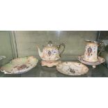 CROWN DUCAL BLUSH IVORY AND GILDED TEAPOT ON STAND, WATER JUG,