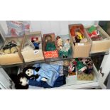 TWO SHELVES OF DRESS DOLLS AND FELT PATCH DOLLS