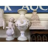 RESIN NEO CLASSICAL STYLE SWAGED URN, CHERUB ON BALL STATUE,